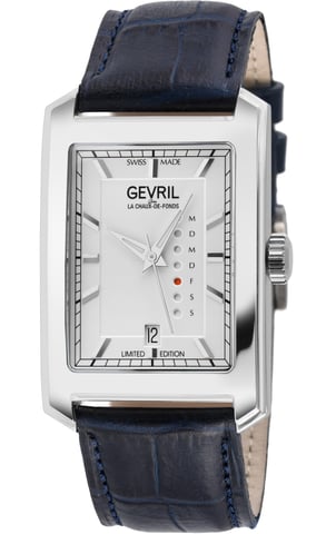 Reloj automático Gevril Manhattanhenge para hombre de acero inoxidable, correa de cuero azul italiano genuina hecha a mano con hebilla de espiga.