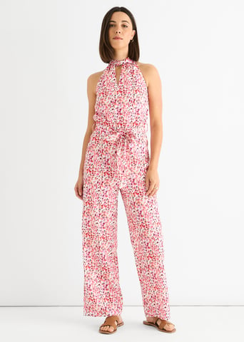Mono rosa con estampado floral y cuello halter
