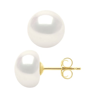 Earrings Yellow Gold - Real Cultured Freshwater Pearls Button 9-10 mm