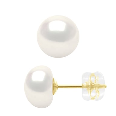 Earrings Yellow Gold - Real Cultured Freshwater Pearls Button 8-9 mm