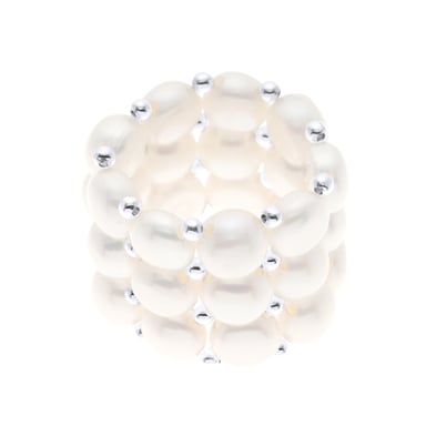 Ring 3 Rows - Hand Made - of Real Freshwater Pearls - COLOR NATURAL WHITE - 4 mm