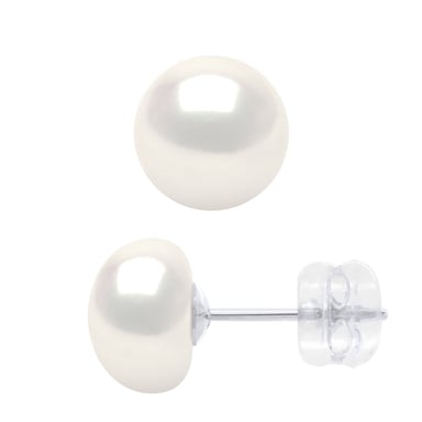 Earrings White Gold - Real Cultured Freshwater Pearls Button 8-9 mm