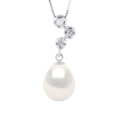 Necklace Jewelry Diamonds 0,06 Cts - Quality HSI White Gold and Real Cultured Freshwater Pearl Pear 9-10 mm