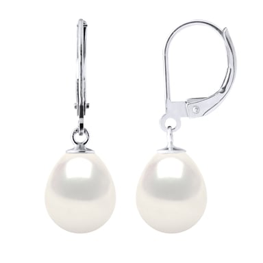 Earrings in White Gold 375 and Real Cultured Freshwater Pearls Pear 9-10 mm