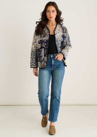 Chaqueta acolchada ligera de viscosa con estampado de azulejos Paisley en azul marino