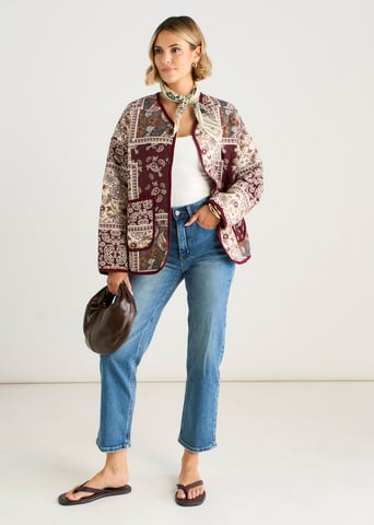 Chaqueta acolchada ligera de viscosa con estampado de azulejos Paisley en color burdeos