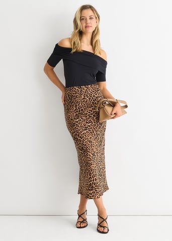 Falda midi marrón con estampado animal