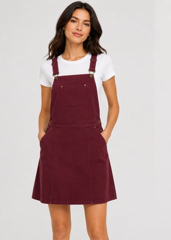 Vestido tipo peto de ante con cuello cuadrado en color vino