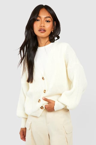 Balloon Sleeve Button Through Rib Cardigan
