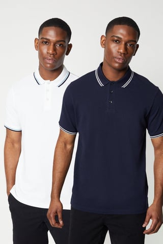 2 Pk Pure Cotton Tipped Polo Shirts White/navy