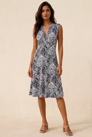 Vestido sin mangas con estampado gráfico y corte entallado y falda acampanada