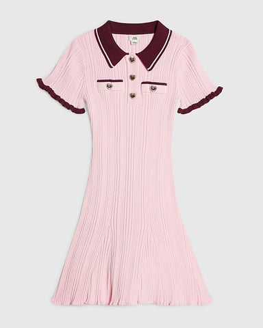 River Island Vestido de niña Rosa de punto con vuelo y cuello