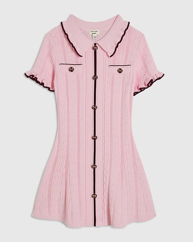 River Island Vestido de punto mini para niña con cuello rosa y ribete festoneado