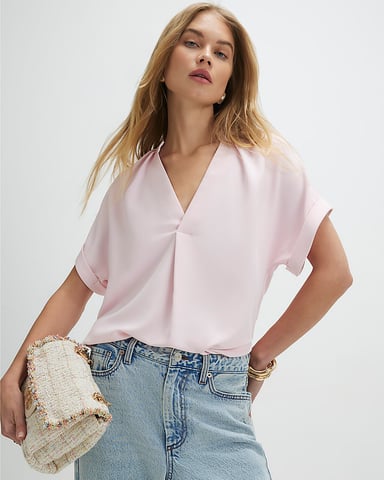 River Island Camiseta de mujer Rosa Crepé Cuello de pico Manga corta