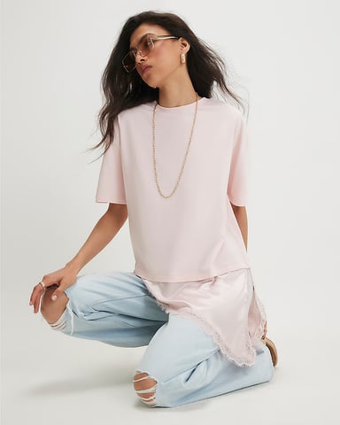 River Island Camiseta de mujer rosa de algodón con bajo de encaje asimétrico