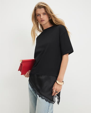 River Island Camiseta de mujer Negra Algodón Bajo de encaje Asimétrica
