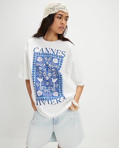 River Island Camiseta de mujer Blanca de algodón con gráfico Cannes