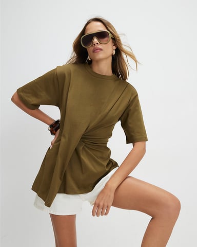River Island Camiseta de mujer Caqui Algodón Manga corta Pliegue delantero