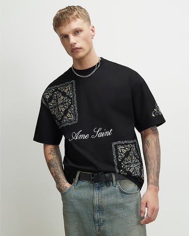 River Island Camiseta de hombre Negra de Algodón Ame Saint Midweight