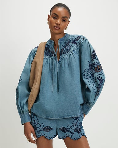 River Island Blusa de mujer Azul Vaquero con bordado calado