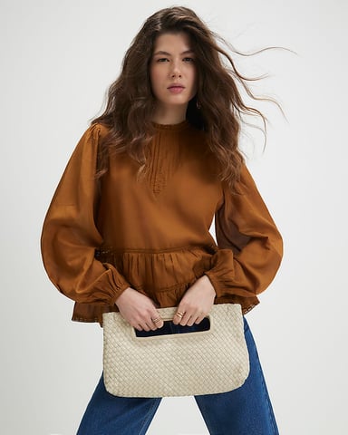 River Island Top de nido de abeja para mujer Marrón Manga larga Detalle de encaje