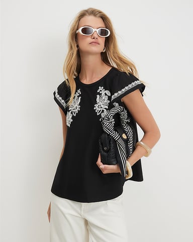 River Island Blusa de mujer negra de popelín con aplique y cuello redondo