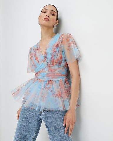 River Island Top de tul para mujer Azul Manga corta Cuello de pico
