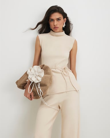 River Island Top de mujer Beige Mezcla de algodón Con cinturón de lazo Texturizado