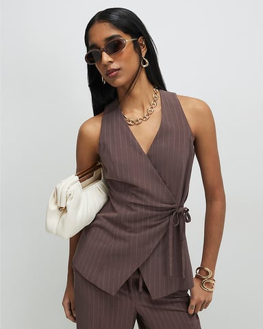 River Island Top de mujer Marrón a rayas Con lazo delantero suave