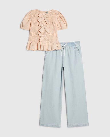 River Island Conjunto de niña de top y joggers vaqueros Rosa con lazo 2 piezas