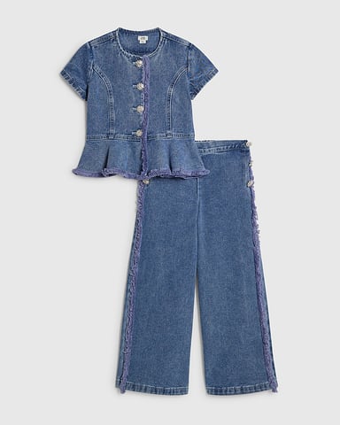 River Island Conjunto de niña de top peplum y vaqueros Azul Denim 2 piezas