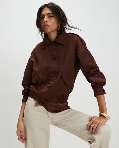 River Island Chaqueta de mujer Marrón Nylon Cierre de botones delantero