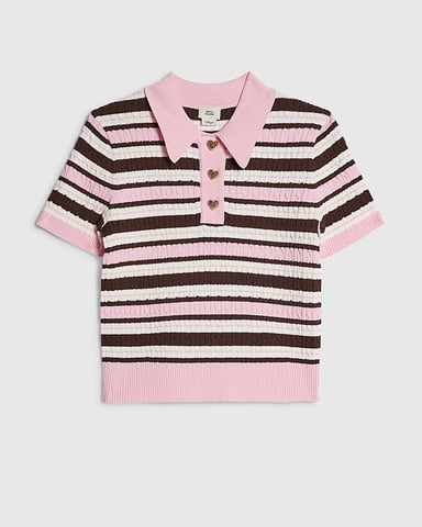 River Island Polo de niña Rosa a rayas con cuello y punto de ochos