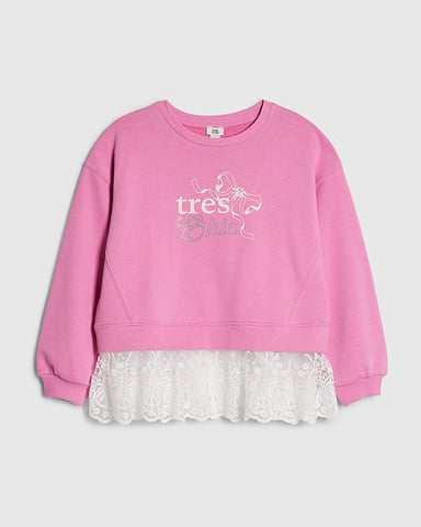 River Island Sudadera para niña Rosa Tres Chic con bajo de encaje