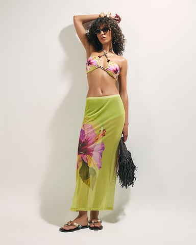River Island Falda maxi de mujer verde con estampado de hibisco y cintura elástica