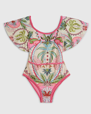 River Island Bañador para niña Rosa Estampado de palmeras Cuello redondo