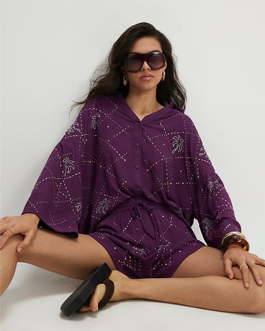 River Island Camisa de mujer Morada con palmeras adornadas
