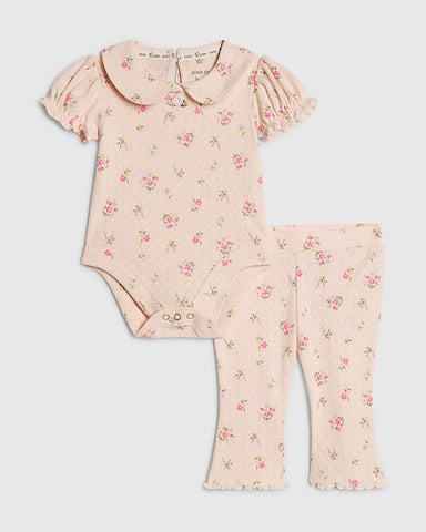 River Island Set de pelele y pantalón para bebé niña rosa de punto pointelle 2 piezas