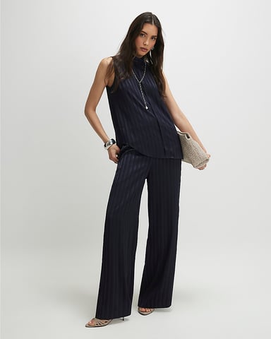 River Island Camiseta tipo túnica de mujer azul marino a rayas sin mangas con botones