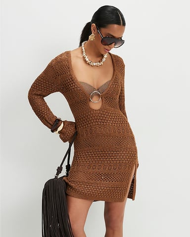 River Island Vestido de playa mini para mujer Petite marrón de punto metalizado