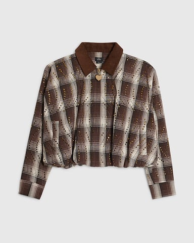 River Island Chaqueta para Niña Marrón de Cuadros con Tachuelas y Cuello