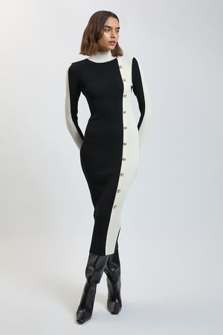 Vestido midi de punto de canalé con detalle en contraste