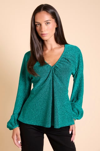 DP Luxe Top de jersey brillante con escote fruncido