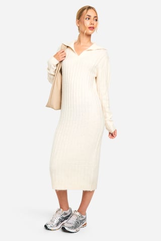 Boohoo Vestido midaxi de punto suave con cuello de canalé ancho