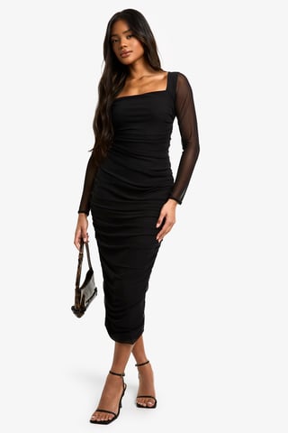 Vestido midaxi de malla fruncida con escote cuadrado