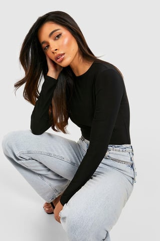 Boohoo Bodysuit de manga larga y cuello redondo de tejido Slinky de doble capa
