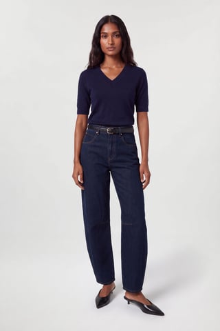 Forever Top de punto de mezcla de viscosa con cuello de pico y manga corta