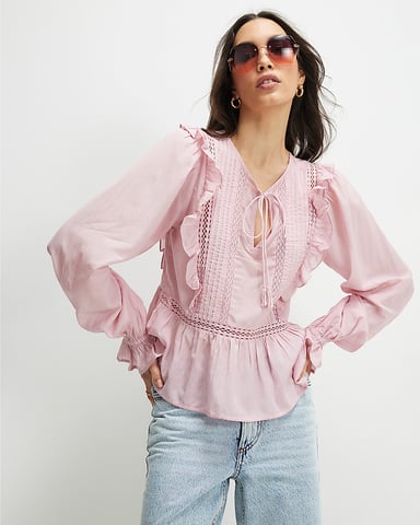 River Island Blusa de mujer Rosa Mezcla de algodón Encaje Inserción Lazo