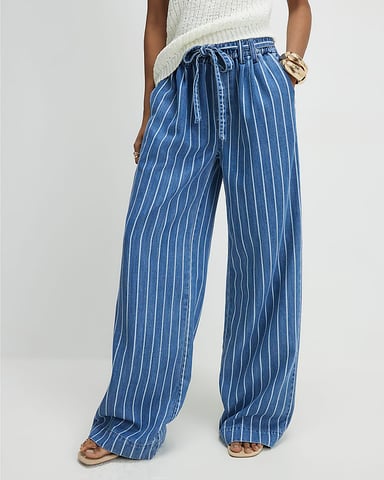 River Island Vaqueros de mujer de pierna ancha azules a rayas Paperbag de tiro medio