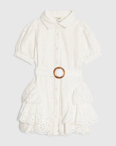 River Island Mini Vestido camisero para niña Blanco Broderie Con cinturón Con cuello